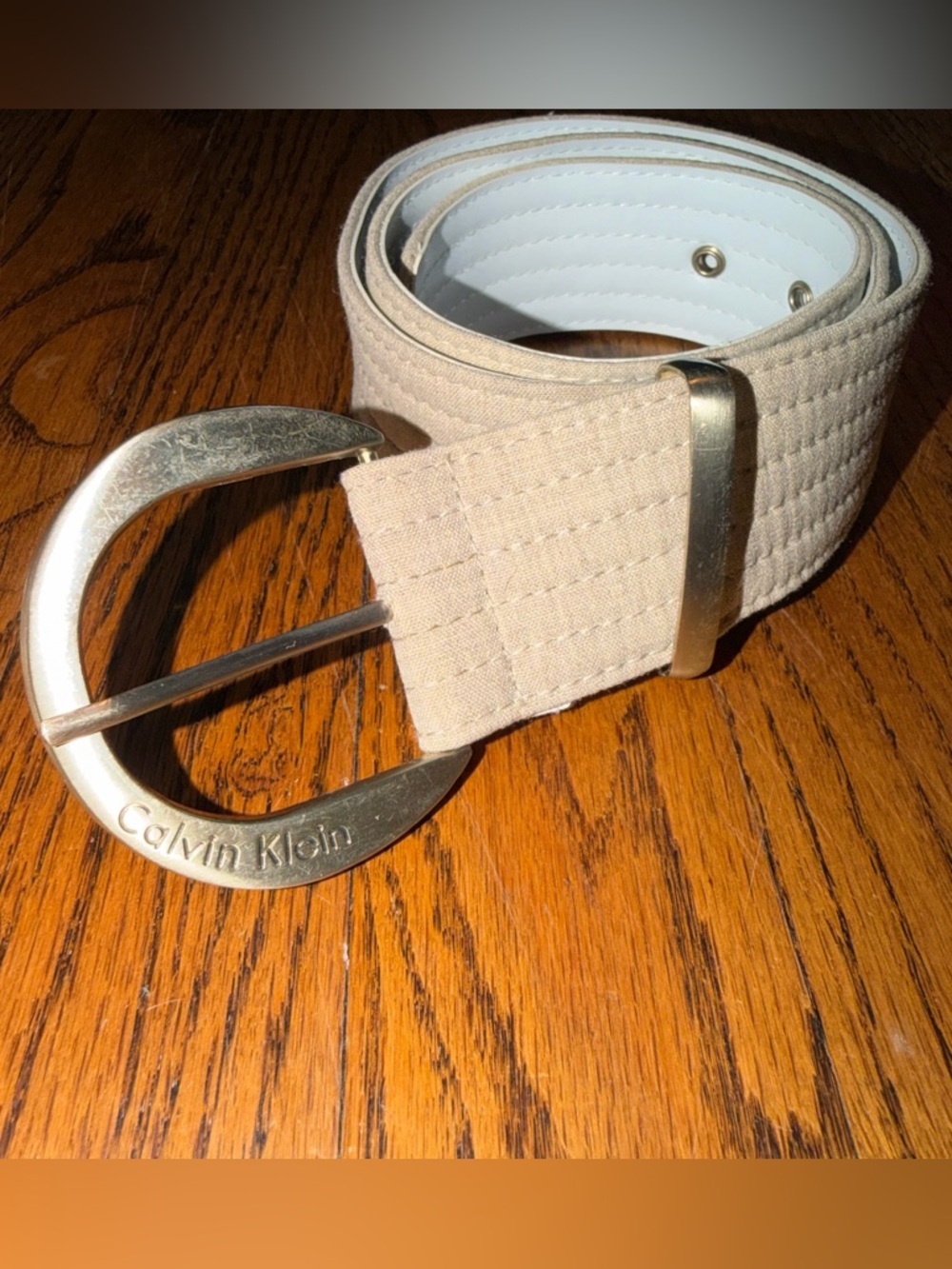 Calvin Klein Beige Canvas Belt with Silver-Tone Large Buckle SIZE 4